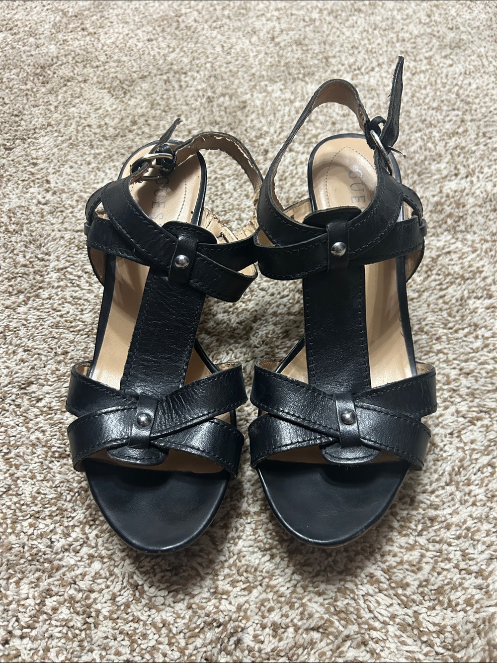 Guess Black Leather T-Strap Wedges